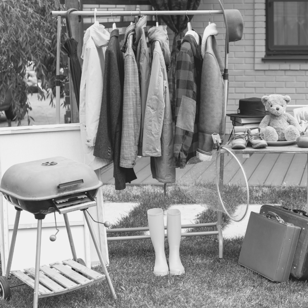 black and white image of a garage sale