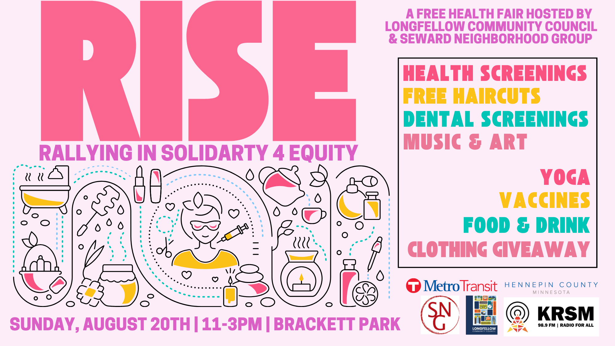 RISE Health Equity event featuring dental cleanings, free haircuts, health screenings, music, yoga, free clothing giveaway and more